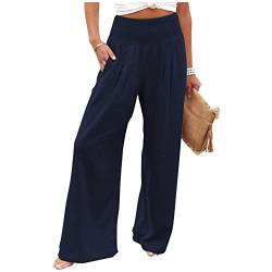 KONG JIMFAN Hose Damen Leinenhose Damen Sommer Gestreift Hosen Damen Locker Lässig Wide Leg Pants Set Weisse Leinenhose Damen Weites Bein Y2k Hose Schlaghose Damen(Marine,XL) von KONG JIMFAN