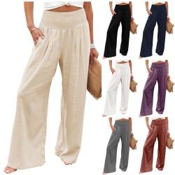 KONG JIMFAN Hosen Damen Kurze Leinenhose Damen Leinenhose Damen Sommer Freizeithose Lang Damen Leinenhose Weite Beine Schwarze Hose Damen Elegant Schlupfhose Damen Hüfthose Damen(Khaki,XXL) von KONG JIMFAN