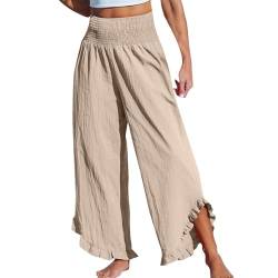 KONG JIMFAN Leinenhose Damen Kurze Schwarze Leinenhose Damen Hosenanzug Damen Sportlich Lässig Wide Leg Pant Hose Damen Beige Anzughose Leinenhose Damen Sommer Baggy Jogginghose Damen(#1 Khaki,M) von KONG JIMFAN