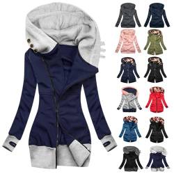 KONG JIMFAN Sweatjacke Damen Hoodie Decke Damen Jeansjacke Damen Kurz Biker Lederjacke Herbstjacke Damen Hunde Wintermantel Daunenjacken Strickpullover Gestreift Übergangsjacke Damen(3-Navy,L) von KONG JIMFAN