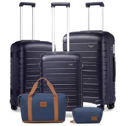 KONO Gepäck-Sets mit 4-teiligem Handgepäck mit Kosmetikkoffer, inklusive 1 Reisetasche und 1 Kulturbeutel, leichtes Polypropylen, 55 x 40 x 20 cm, Kabinenkoffer, Navy, 5-teiliges Set, 2K2091L NY von KONO