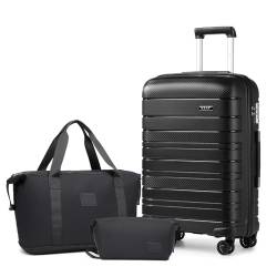 KONO Gepäck-Sets mit 4-teiligem Handgepäck mit Kosmetikkoffer, inklusive 1 Reisetasche und 1 Kulturbeutel, leichtes Polypropylen, 55 x 40 x 20 cm, Kabinenkoffer, Schwarz, 20'' Luggage Set, 2K2091L BK von KONO