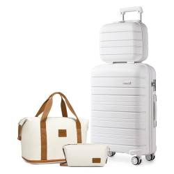 KONO Gepäck-Sets mit 4-teiligem Handgepäck mit Kosmetikkoffer, inklusive 1 Reisetasche und 1 Kulturbeutel, leichtes Polypropylen, 55 x 40 x 20 cm, Kabinenkoffer, weiß, 20'' Luggage Set, 2K2091L WE von KONO