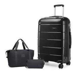 KONO Gepäck Sets von 3 Stück großen Reisekoffer einchecken Gepäck mit Reisetasche und Kulturtasche leichte Polypropylen Trolley-Koffer mit sicheren TSA-Schloss (schwarz, 28 Zoll Gepäck Set) von KONO
