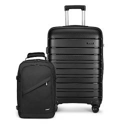 KONO Kofferset 2 Teilig Gepäck-Sets Carry On Luggage Handgepäck 55x40x20 cm mit Ryanair Rucksack Handgepäck Flugzeug 40x20x25 cm (Klein Reisekoffer Handgepäck+Rucksack, Schwarz) von KONO