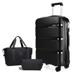 KONO Reisekoffer Mittelgroß Koffer Gepäck-Sets 3 Teilig Kofferset, 65cm Hartschalenkoffer mit Leicht Reisetasche und Kulturbeutel (Schwarz) von KONO