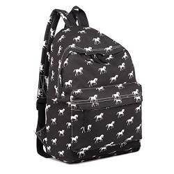 KONO Schulrucksack Pferd Leicht Schultaschen für Jungen und Mädchen Rucksack Lässiger Daypack Teenager Segeltuch Groß Schule Bag Büchertasche (Schwarz) von KONO