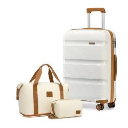 Kono Koffer-Set, 3-teilig, leicht, Hartschale, Reisegepäck-Set mit 1 Reisetasche und 1 Kulturbeutel, Weiß/Braun, 28 Inch Luggage Set von KONO