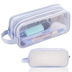 KOOMAL Mesh Clear Pencil Case, 2 Compartment Pencil Case, Women Cosmestic Makeup Bag for Travel, Stationery Storage Box Pen Bag Pencil Pouch (Blue) von KOOMAL