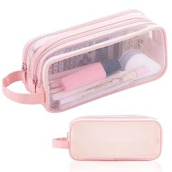 KOOMAL Mesh Clear Pencil Case, 2 Compartment Pencil Case, Women Cosmestic Makeup Bag for Travel, Stationery Storage Box Pen Bag Pencil Pouch (Pink) von KOOMAL