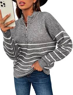 KOOSUFA Damen Herbst Winter Pullover Sweater Stehkragen Sweatshirt Strickpullover Oberteile Pulli Oversize Warm mit Halbreißverschluss (Streifen-grau, XL) von KOOSUFA