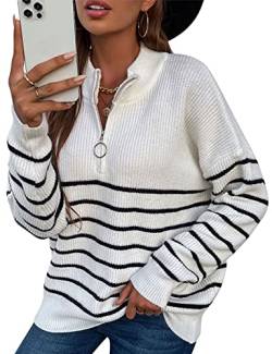 KOOSUFA Damen Herbst Winter Pullover Sweater Stehkragen Sweatshirt Strickpullover Oberteile Pulli Oversize Warm mit Halbreißverschluss (Streifen-weiß, L) von KOOSUFA