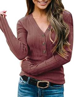 KOOSUFA Damen Langarm Pullover mit Knöpfen Basic Oberteile Langarmshirt Herbst Outfit V-Ausschnitt Shirt Tops Weinrot XL von KOOSUFA