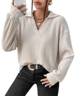 KOOSUFA Damen Pulli Pullover Reverskragen V-Ausschnitt Sweater Sweatshirt Gestreifter Strickpullover Oberteile Tops Warm Aprikose XL von KOOSUFA
