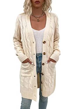 KOOSUFA Damen Strickjacke Lang Strick Cardigan Zopfmuster Strickmantel Langarm mit Taschen Open Front Gestrickte Jacke mit Knöpfen S M L XL Beige L von KOOSUFA