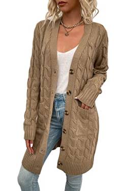 KOOSUFA Damen Strickjacke Lang Strick Cardigan Zopfmuster Strickmantel Langarm mit Taschen Open Front Gestrickte Jacke mit Knöpfen S M L XL Khaki M von KOOSUFA