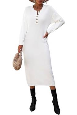 KOOSUFA Langarm Strickkleid Damen Herbst Winter Pulloverkleid mit Knöpfen V-Ausschnitt Einfarbig Midikleid Bodycon Kleid Freizeitkleid Weiß, L von KOOSUFA