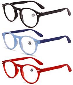 KOOSUFA Lesebrille Herren Damen Retro Runde Nerdbrille Lesehilfen Sehhilfe Federscharniere Vollrandbrille Anti Müdigkeit Brille mit Stärke 1.0 1.5 2.0 2.5 3.0 3.5 4.0 (Schwarz+blau+rot, 3.0) von KOOSUFA