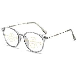 KOOSUFA Mode Runde Gleitsichtbrille Progressive Multifokus Anti-Blaulicht Lesebrille Damen Herren Computerbrille Arbeitsplatzbrille Metallbügel Lesehilfe Sehhilfe Durchsichtig Grau 2.0 von KOOSUFA
