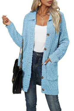 KOOSUFA Strickjacke Damen Lang Strick Cardigan Fleece Schütteln Strickmantel Langarm mit Taschen Open Front Gestrickte Jacke mit Knöpfen Blau, L von KOOSUFA