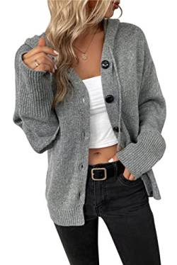 KOOSUFA Strickjacke Damen mit Kapuze Strick Cardigan Langarm mit Knöpfen Kapuzenpullover Kapuzenpulli Kordelzug Hoodie Strickmantel Grau M von KOOSUFA