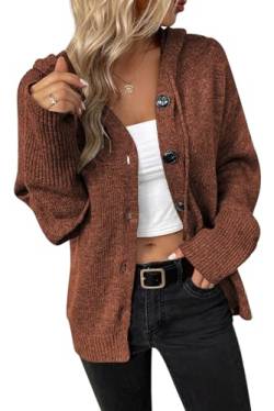 KOOSUFA Strickjacke Damen mit Kapuze Strick Cardigan Langarm mit Knöpfen Kapuzenpullover Kapuzenpulli Kordelzug Hoodie Strickmantel Karamell M von KOOSUFA