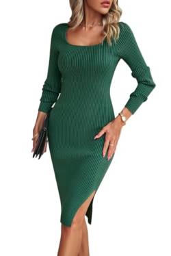 KOOSUFA Strickkleid Damen mit Schlitz Langarm Rippenstrick U Ausschnitt Bodycon Figurbetontes Kleid Wickelkleid Herbst Winter Midikleid Grün, XL von KOOSUFA