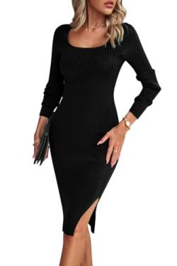 KOOSUFA Strickkleid Damen mit Schlitz Langarm Rippenstrick U Ausschnitt Bodycon Figurbetontes Kleid Wickelkleid Herbst Winter Midikleid Schwarz, S von KOOSUFA