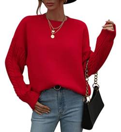 KOOSUFA Strickpullover Damen Rundhals Strickpulli Grobstrick Zopfmuster Langarm Strickoberteile Oversize Herbst Winter Pullover Rot, M von KOOSUFA