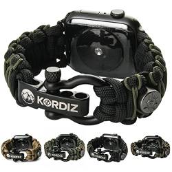 KORDIZ Survivor Pro, Paracord-Armband für Apple Watch, kompatibel mit Apple Watch Serie 8/7/6/5/4/3/2/1/SE & Ultra, mit verstellbarem Edelstahlbügel (Schwarz und Mikrogrün, M für Ultra 49 mm) von KORDIZ