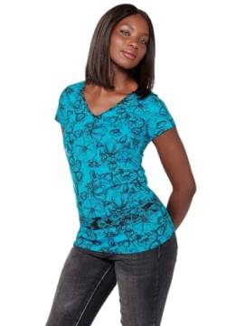 KOROSHI MANIAKS GRAPHIC DESIGN TM Koroshi Langärmliges T-Shirt aus Baumwolle mit Taillendetail und Blumendruck mit V-Ausschnitt, Minzgrün, grün, Small von Koroshi