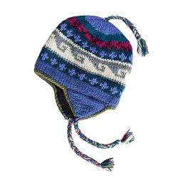 Handgestrickte Sherpa-Mütze mit Micro-Fleece-Futter und eklektischen Mustern, handgefertigte Winter-Toque, Weihnachtsmütze, hergestellt in Nepal, Lila, Grau, Grün und Rosa, L/Einheitsgröße von KOSHI