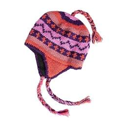 Handgestrickte Sherpa-Mütze mit Micro-Fleece-Futter und eklektischen Mustern, handgefertigte Winter-Toque, Weihnachtsmütze, hergestellt in Nepal, Lila, Koralle und Rosa, L/Einheitsgröße von KOSHI