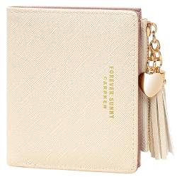 KOTORA Kleine Damengeldbörse für Mädchen, kleine schlanke Brieftaschen, hübscher Mini-Kartenhalter, dünn, kurzer Reißverschluss, Münzbörse mit Liebesanhänger und Quasten, Beige, Minimalistische, von KOTORA