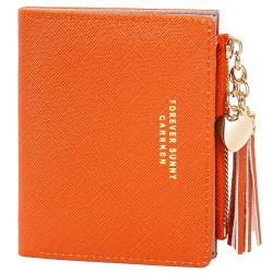 KOTORA Kleine Damengeldbörse für Mädchen, kleine schlanke Brieftaschen, hübscher Mini-Kartenhalter, dünn, kurzer Reißverschluss, Münzbörse mit Liebesanhänger und Quasten, Orange/Abendrot im von KOTORA