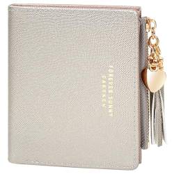 KOTORA Kleine Damengeldbörse für Mädchen, kleine schlanke Brieftaschen, hübscher Mini-Kartenhalter, dünn, kurzer Reißverschluss, Münzbörse mit Liebesanhänger und Quasten, silber, Minimalistische, von KOTORA