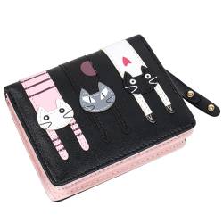 KOTORA Kleine süße Geldbörse für Damen und Mädchen, kurze Bifold Clutch, Mini-Katzen-Stickerei, Reißverschluss, Kartenhalter, Münzgeldbörse, Schwarz, Niedlich von KOTORA