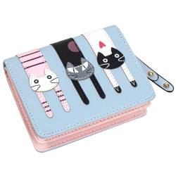 KOTORA Kleine süße Geldbörse für Damen und Mädchen, kurze Bifold Clutch, Mini-Katzen-Stickerei, Reißverschluss, Kartenhalter, Münzgeldbörse, Wathet, Niedlich von KOTORA