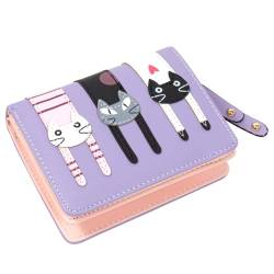 KOTORA Kleine süße Geldbörse für Frauen und Mädchen, kurze zweifache Clutch, Mini-Katzen-Stickerei, Reißverschluss, Kartenhalter, Münzgeldbörse, Violett, Niedlich von KOTORA