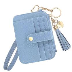 KOTORA Kleines Kartenetui für Damen, Schlüsselring, Kartenhalter, Bargeld, Münzbörse, Mädchen, niedliche Quaste, Geldbörse, schmale Vordertasche, Reißverschluss, Blau, Wristlet Keychian Kartenetui von KOTORA