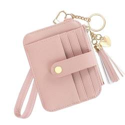 KOTORA Kleines Kartenetui für Damen, Schlüsselring, Kartenhalter, Bargeld, Münzbörse, Mädchen, niedliche Quaste, Geldbörse, schmale Vordertasche, Reißverschluss, Pink, Wristlet Keychian Kartenetui von KOTORA