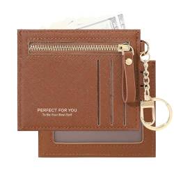 KOTORA Slim Card Case Mini Small Pocket Wallet Leather Zip Coin Purse Cash & Credit Card Holder with Keychain Unisex UltraThin, Braun, Schlank, dünn von KOTORA