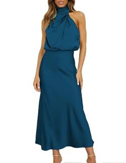 2023 Frauen Satin Hoher Hals Ausschnitt Maxi Kleid für Hochzeit Gast Seide Empire Taille Asymmetrische Ärmellos Formale Midi Kleid, Pfauenblau, Mittel von KOUNAI