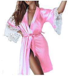 KOUYA Damen Morgenmantel Bademantel Satin Sexy Kimono Spitze Dressing Babydoll Dessous Kurz Robe mit Gürtel Nachthemd für Braut Nachtwäsche Mit Blumenspitze von KOUYA