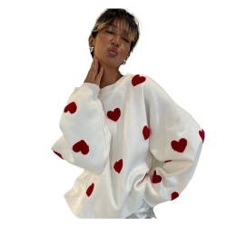 KOZYOU zur Seite Damen-Strickpullover mit Herz-Stickerei, süßer und schicker Langarm-Pullover mit Rundhalsausschnitt, lässig (Color : Beige, Size : L) von KOZYOU