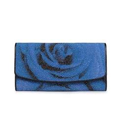 KOehLy Fancy Rose Flower Geldbörse aus echtem Stachelrochenhaut, große Geldbörse, königsblau, Kartenhalter, exotisches Leder, Damen-Clutch, Blau, Freizeit von KOehLy