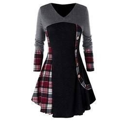 KPILP Damen Lange Bluse Pullover Elegant Kleid Winter Plaid Asymmetrisch T Shirt Kleider Patchwork Partykleider Bluse Oberteile Tunika Mode Mini Kleiden von KPILP