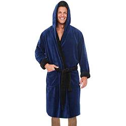 KPNV Herren Übergröße Bademantel mit Kapuze Winter Warm lang Flauschig Angenehm Weich 100% Baumwolle Pyjama Nachtwäsche Flanell Saunamantel Nachthemd mit Gürtel Tasche S-5XL (02-Blau, 3XL) von KPNV