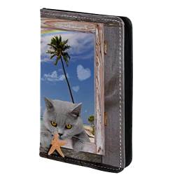 Impfpasshülle Kartenetui Lederschutzhülle Reisebrieftasche,Windows Katzen Meer Strand Meer Sommer Lustig von KQNZT