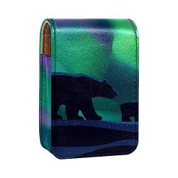 Lippenstift-Etui mit Spiegel für Geldbörse, tragbar, Mini-Make-up-Tasche, Reise-Kosmetiktasche, Kunstleder-Lippenstift-Etui, Halter für Frauen, Damen, Geschenke,Eisbär Silhouette Nacht Aurora Mond von KQNZT